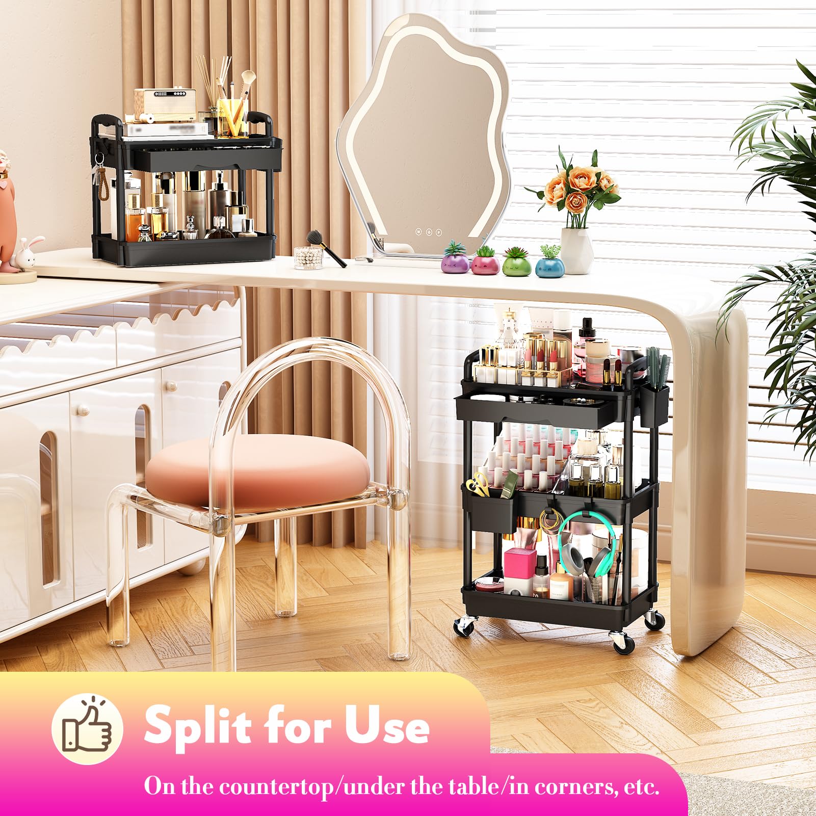 SUNALLY lifestyle vanity setup for a tidy beauty routine and polished look