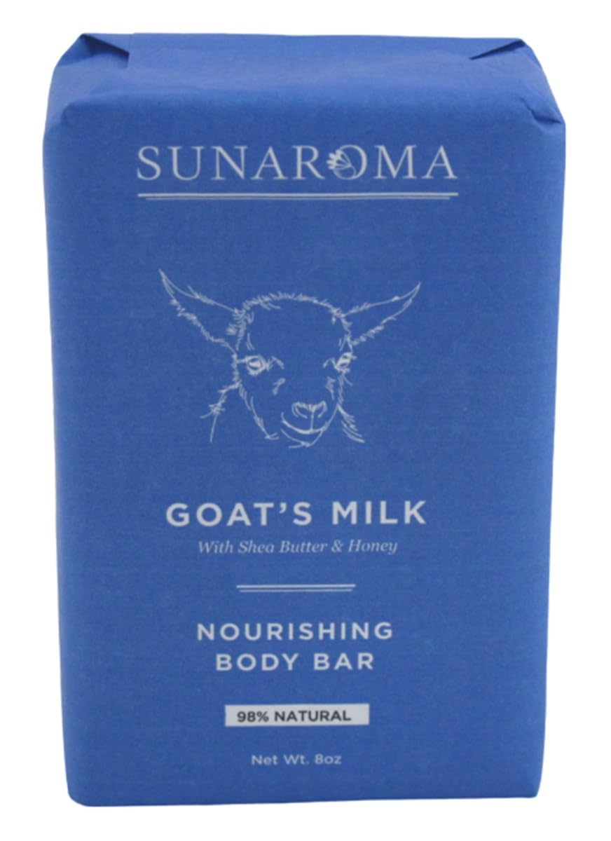 SUNAROMA front packaging of goat's milk soap showing ingredients and benefits