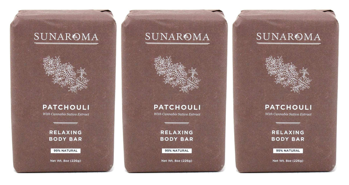 SUNAROMA patchouli bar front packaging showing three bars and labeling benefit
