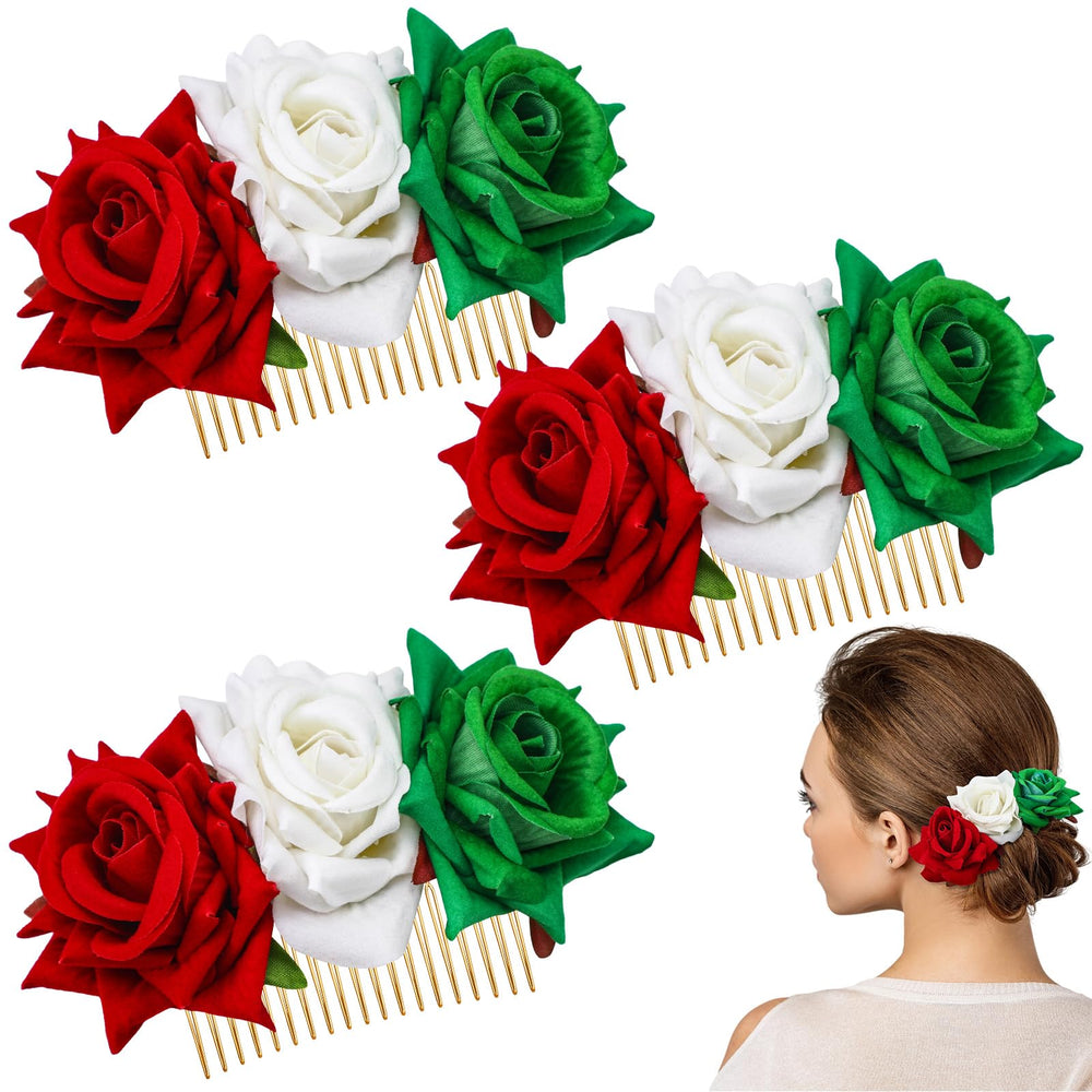 Suncalla front view of three tricolor rose combs showing festive set