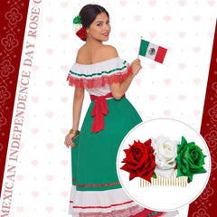 Suncalla model wearing red rose comb at side for authentic look