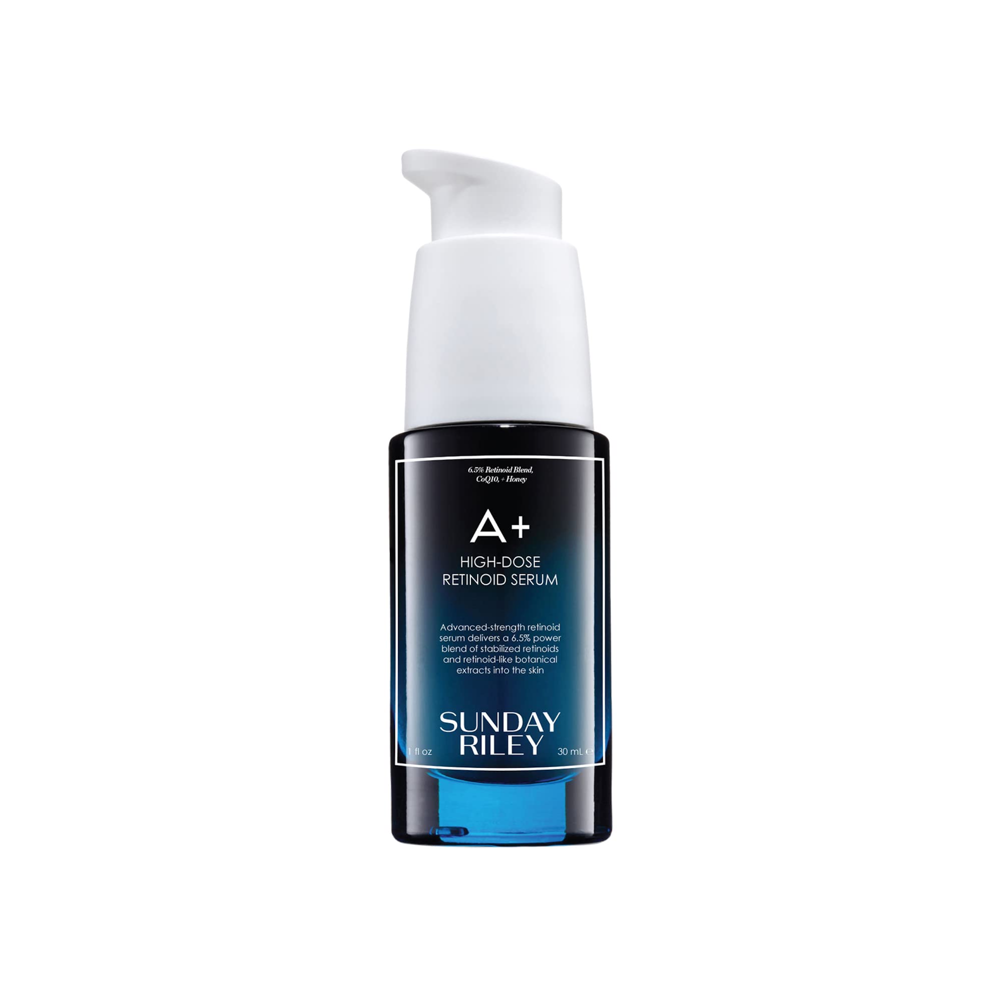 Sunday Riley A+ front packaging showing serum bottle and branding for clear identification and trust