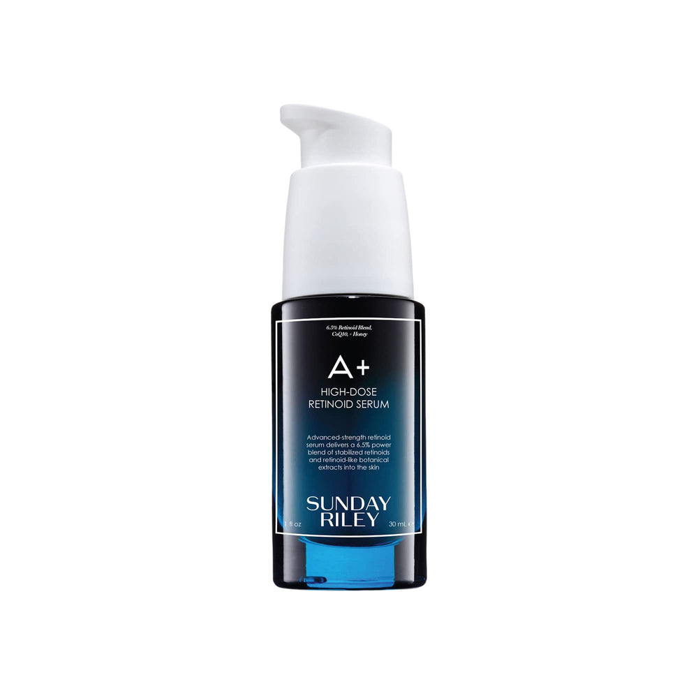 Sunday Riley A+ front packaging showing serum bottle and branding for clear identification and trust