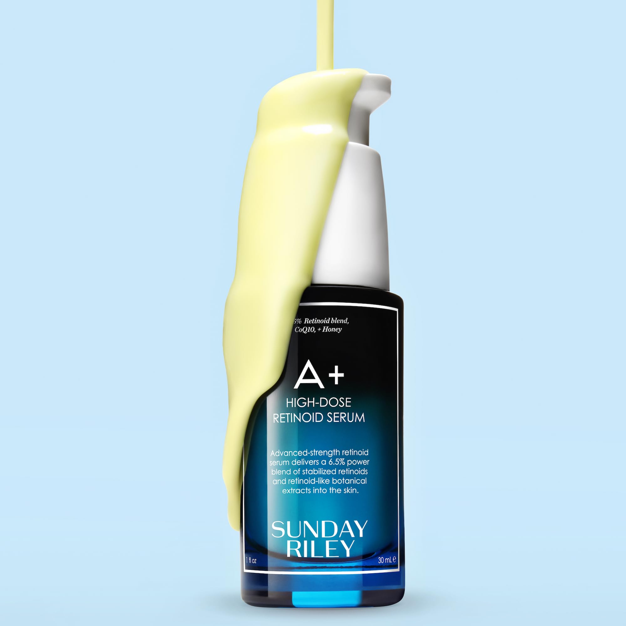 Sunday Riley serum texture pooled on surface, highlighting lightweight consistency for easy absorption