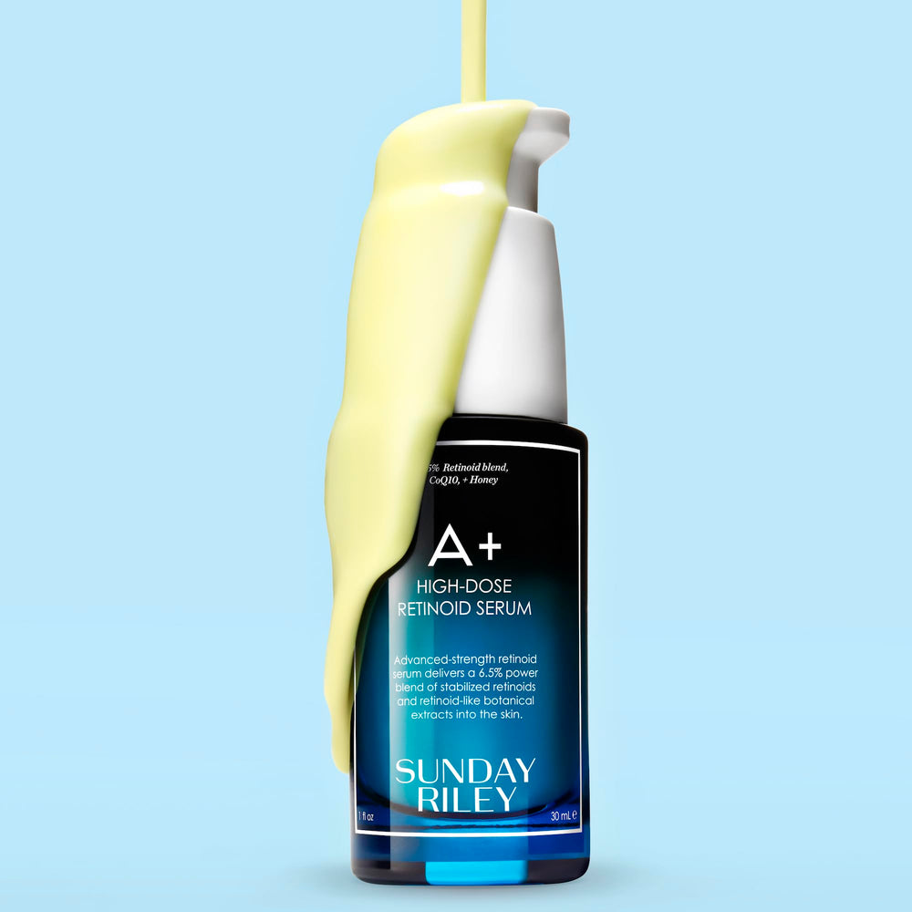 Sunday Riley serum texture pooled on surface, highlighting lightweight consistency for easy absorption
