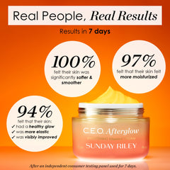 Sunday Riley ingredient layout featuring vitamin C and hyaluronic support benefits