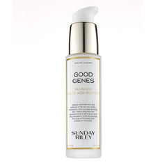 Sunday Riley bottle front view showing product and elegant packaging, conveys quality