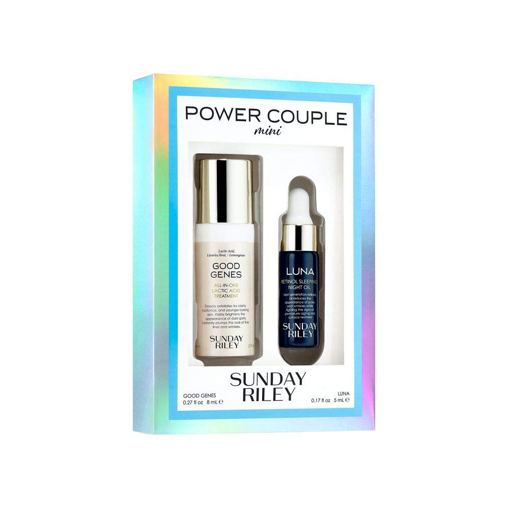 Sunday Riley front packaging showing the mini Power Couple kit for easy travel