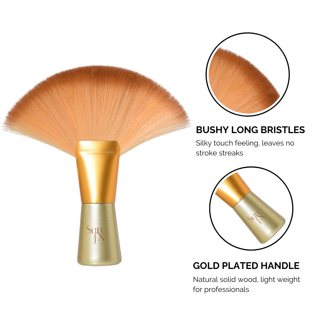 SunFX brush applying finishing powder to legs for even coverage