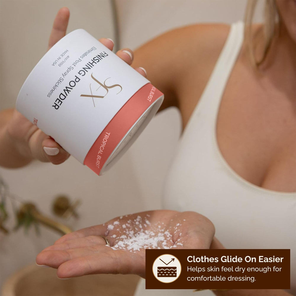 SunFX powder on bathroom vanity in lifestyle scene showing fresh-scent benefit