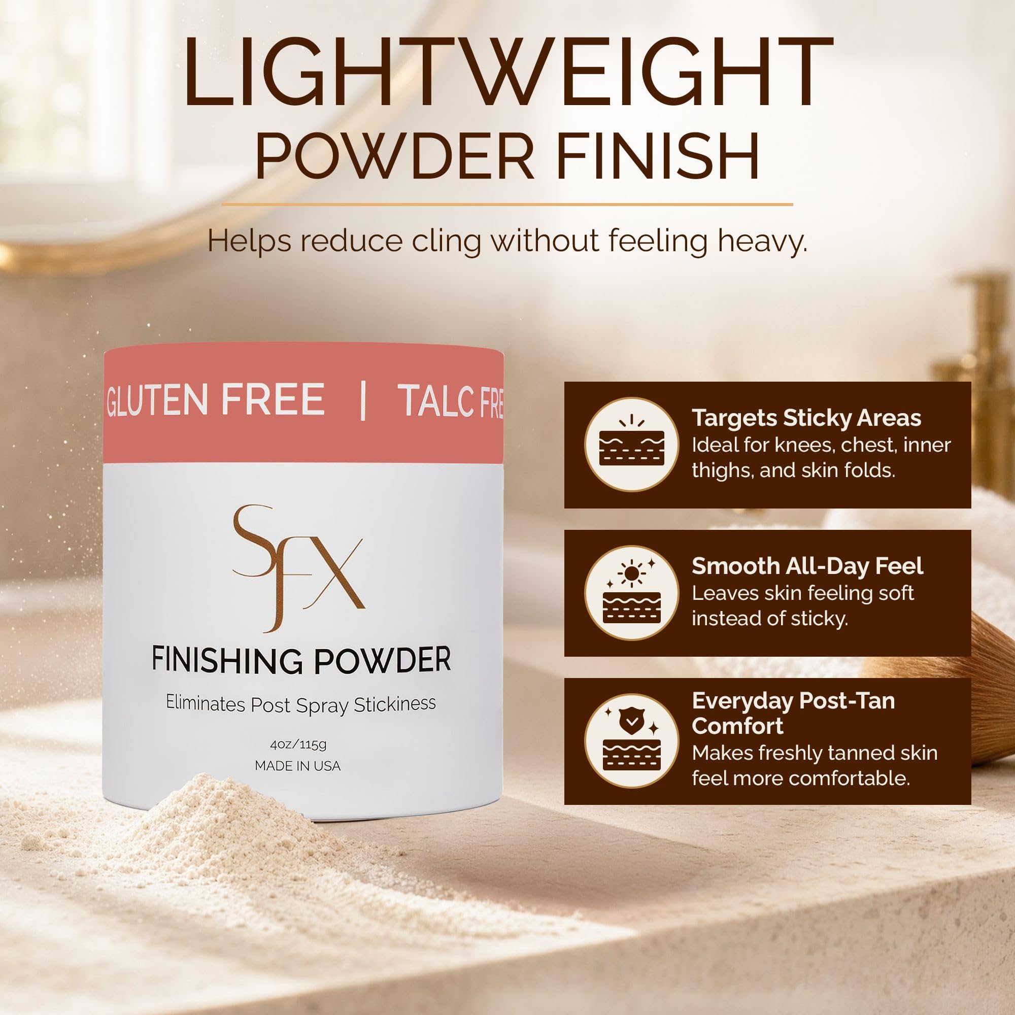 SunFX powder close-up texture in jar showing fine particles for smooth finish