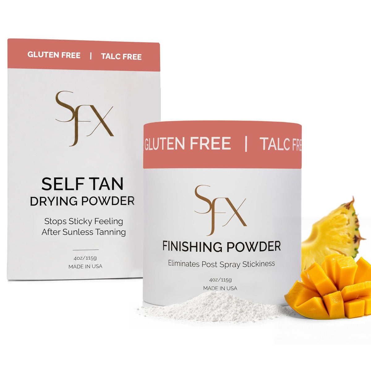 SunFX setting powder front packaging showing 4 oz container benefit: clear finishing