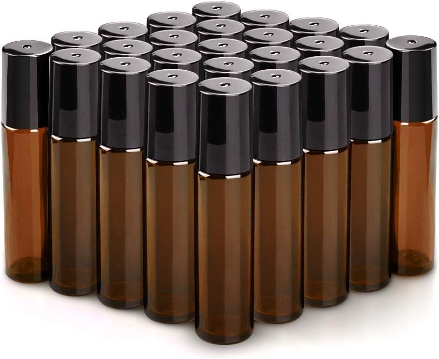 sungwoo front view of 25-pack amber roller bottles showing value pack and caps