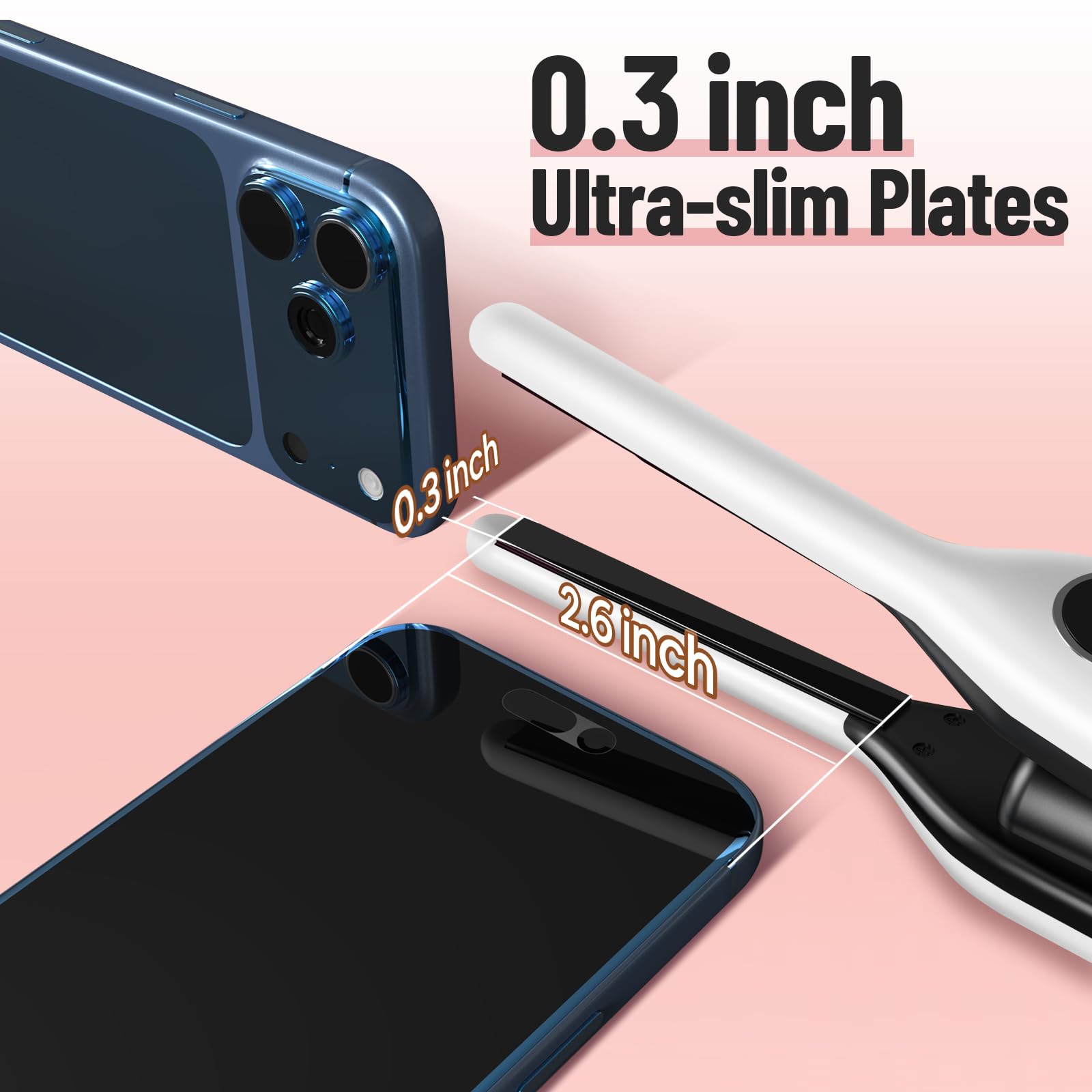 SUNMAY mini flat iron next to a smartphone demonstrating compact travel size