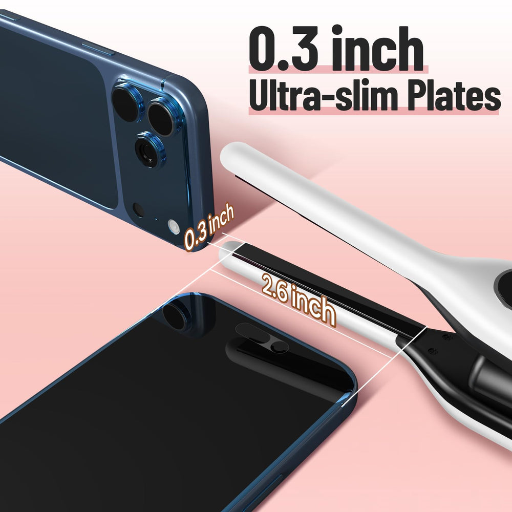 SUNMAY mini flat iron next to a smartphone demonstrating compact travel size