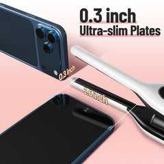 SUNMAY mini flat iron next to a smartphone demonstrating compact travel size