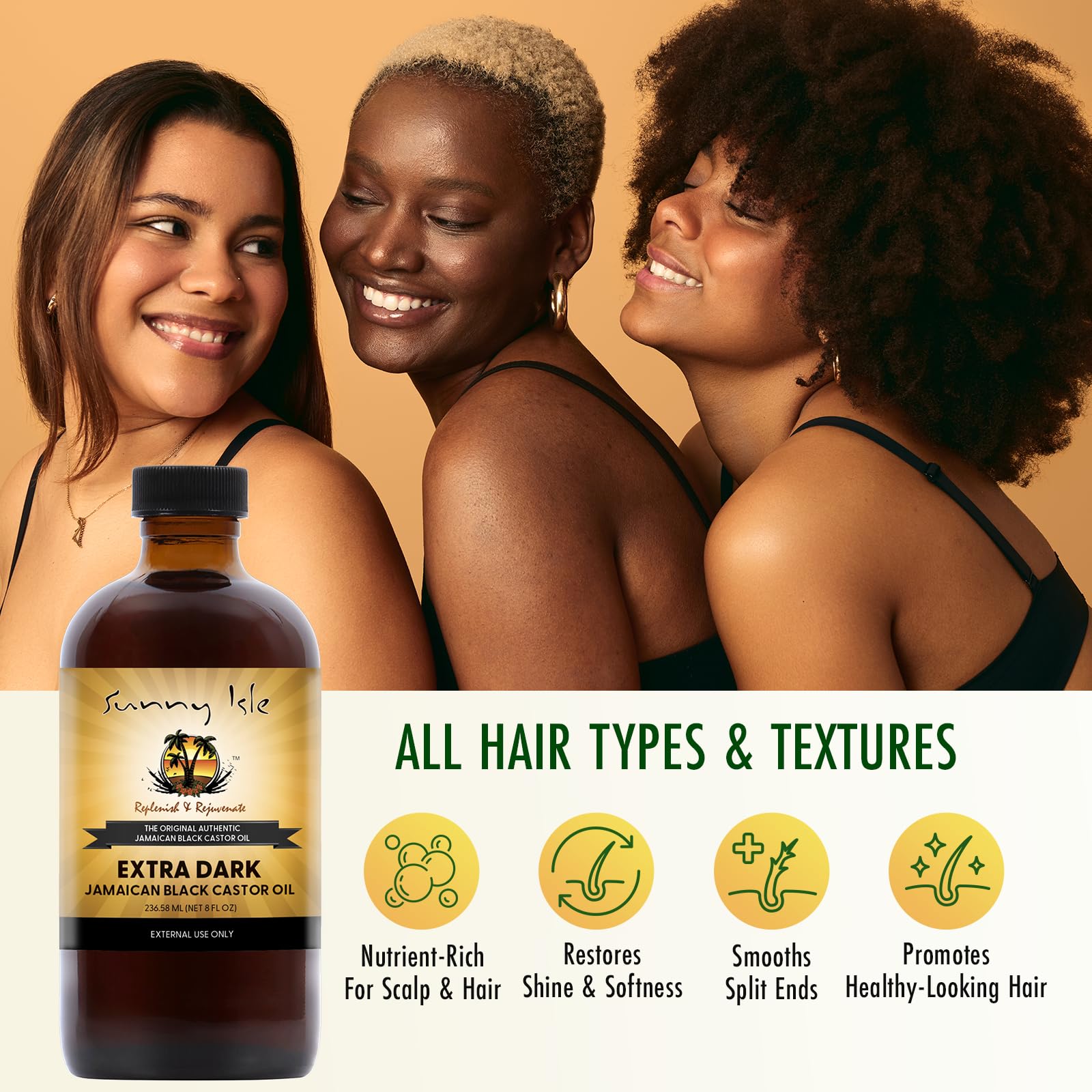 Sunny Isle oil applied to natural hair demonstrating conditioning benefit