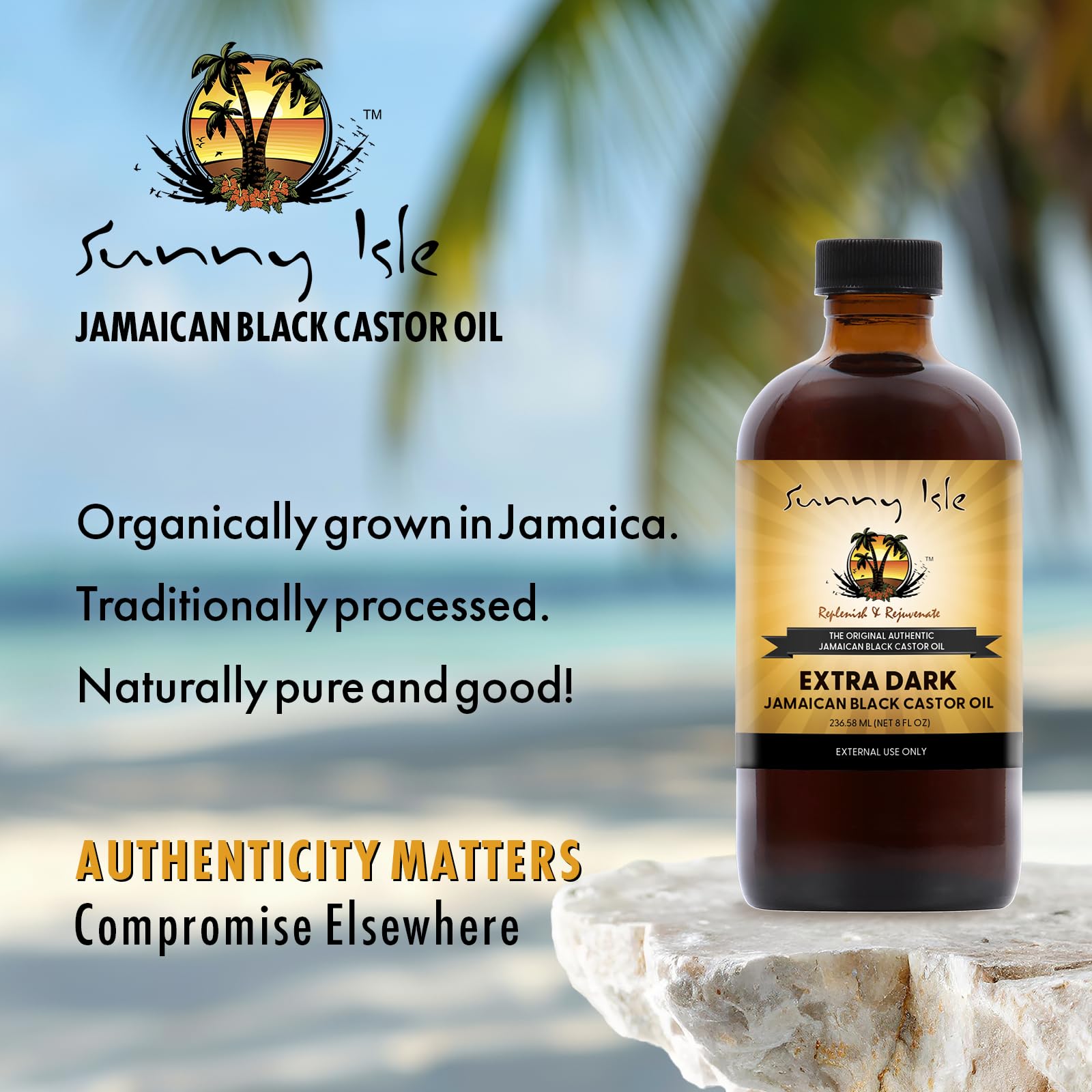 Sunny Isle label and ingredients panel emphasizing traditional production benefit