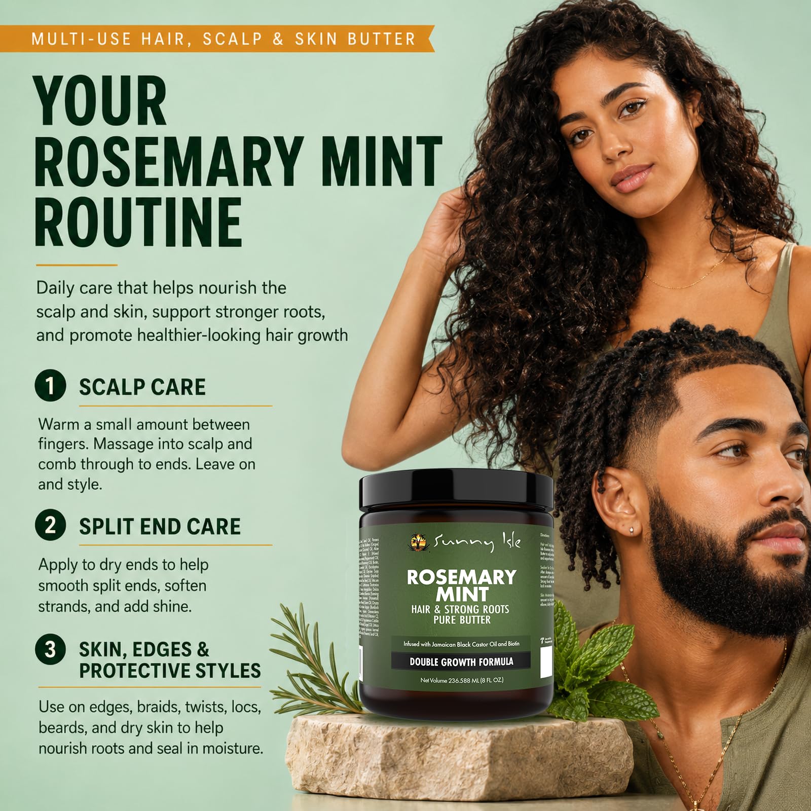 Sunny Isle applying butter to scalp to soothe and hydrate roots