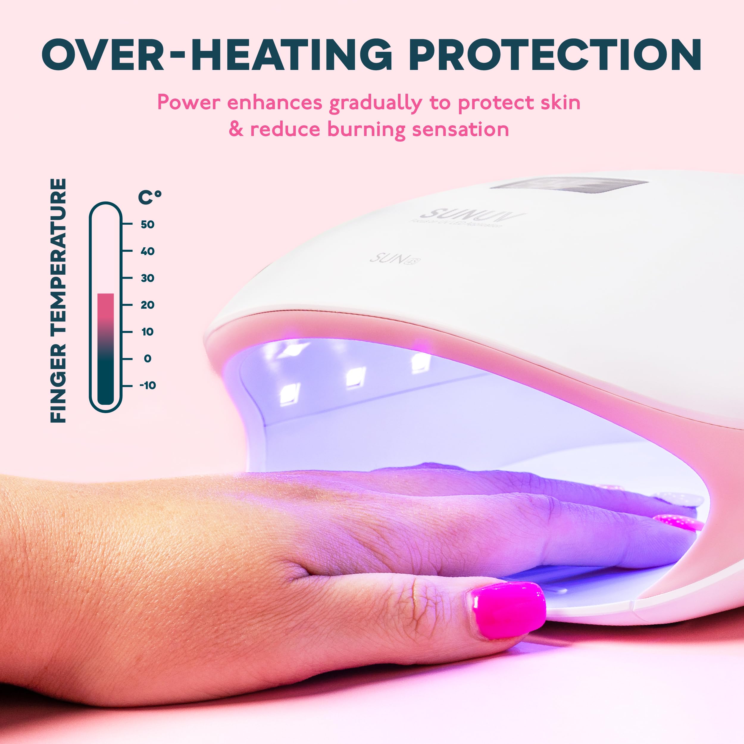 SUNUV hand placed under lamp in use demonstrating sensor-activated hands-free curing