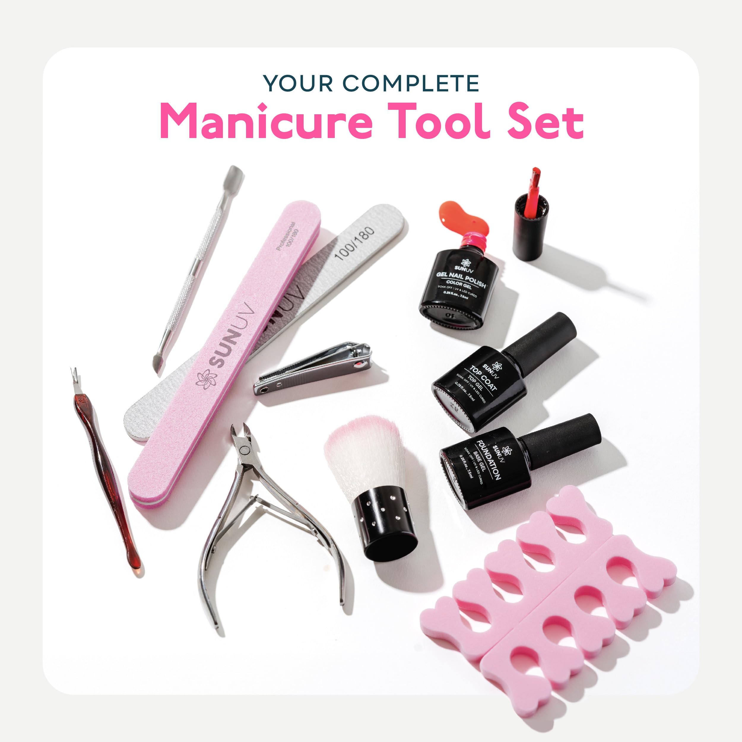 SUNUV manicure tools displayed to highlight prep and finishing benefits for salon results