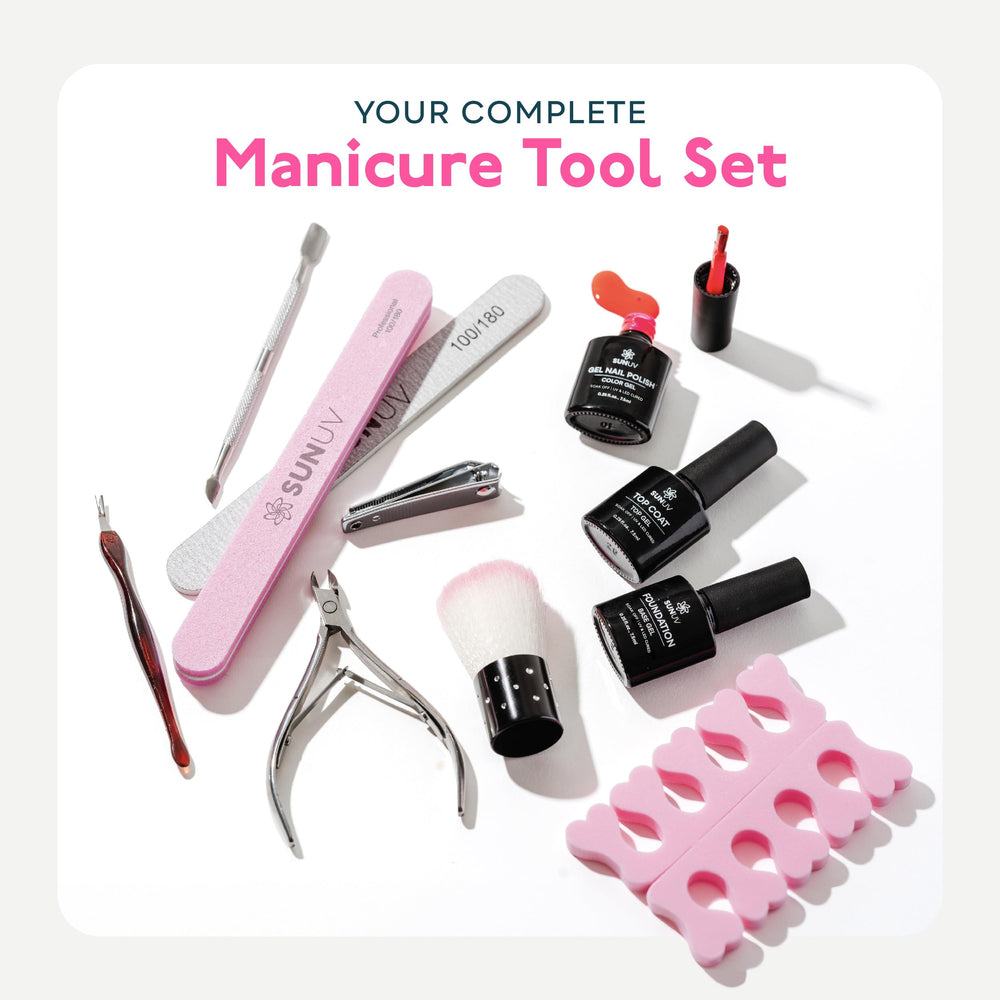 SUNUV manicure tools displayed to highlight prep and finishing benefits for salon results