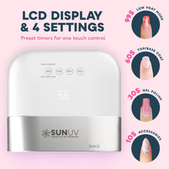 SUNUV SUN3 display showing 99s low heat mode for gentle builder gel cures
