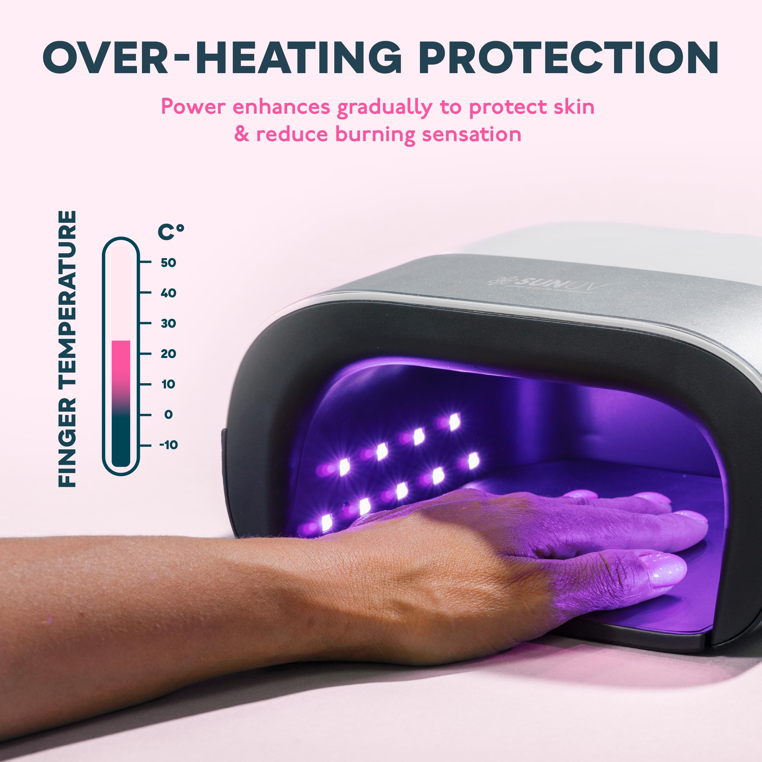 SUNUV SUN3 open chamber with hand inside for easy five-nail curing benefit