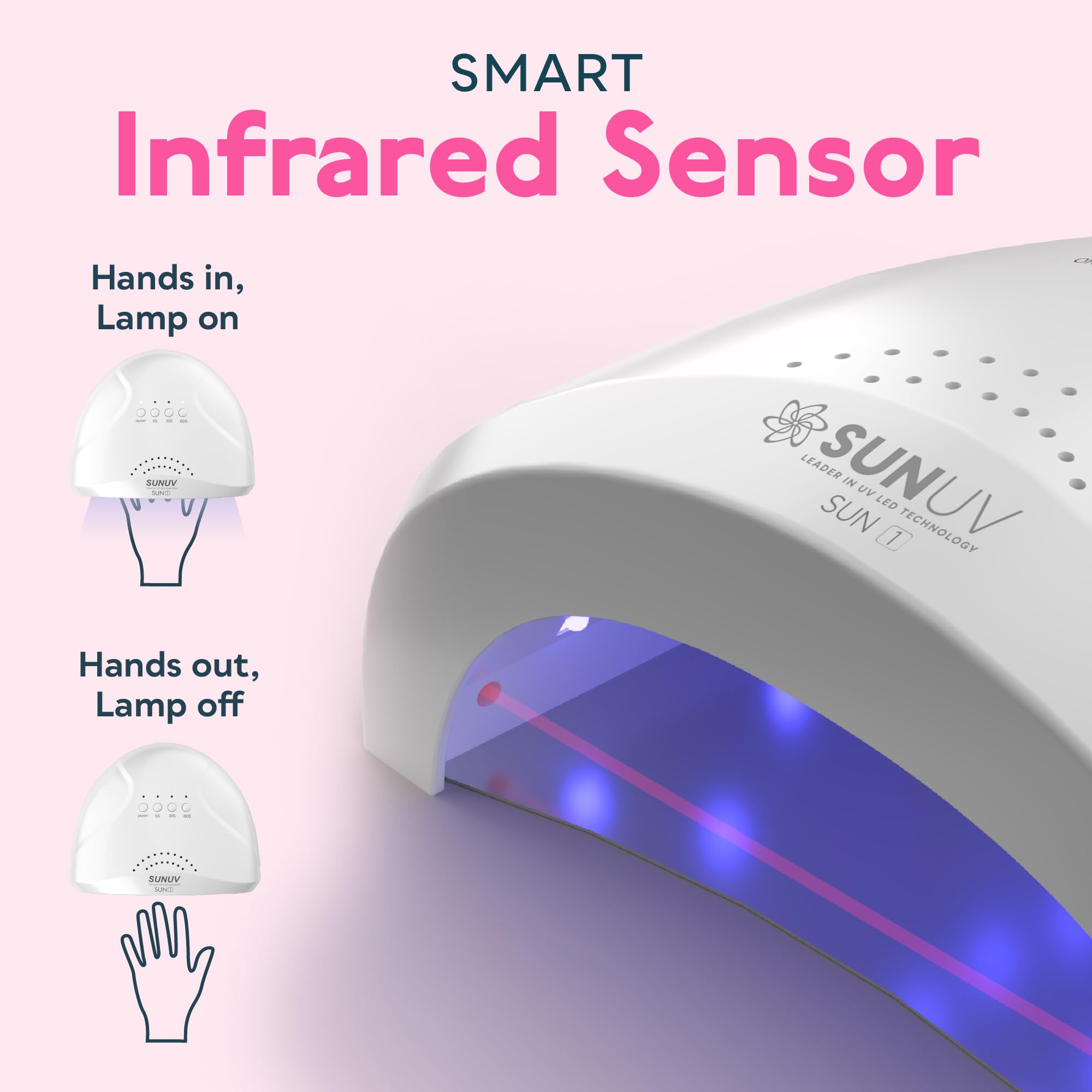 SUNUV next to a hand to show lamp scale and practical tabletop fit