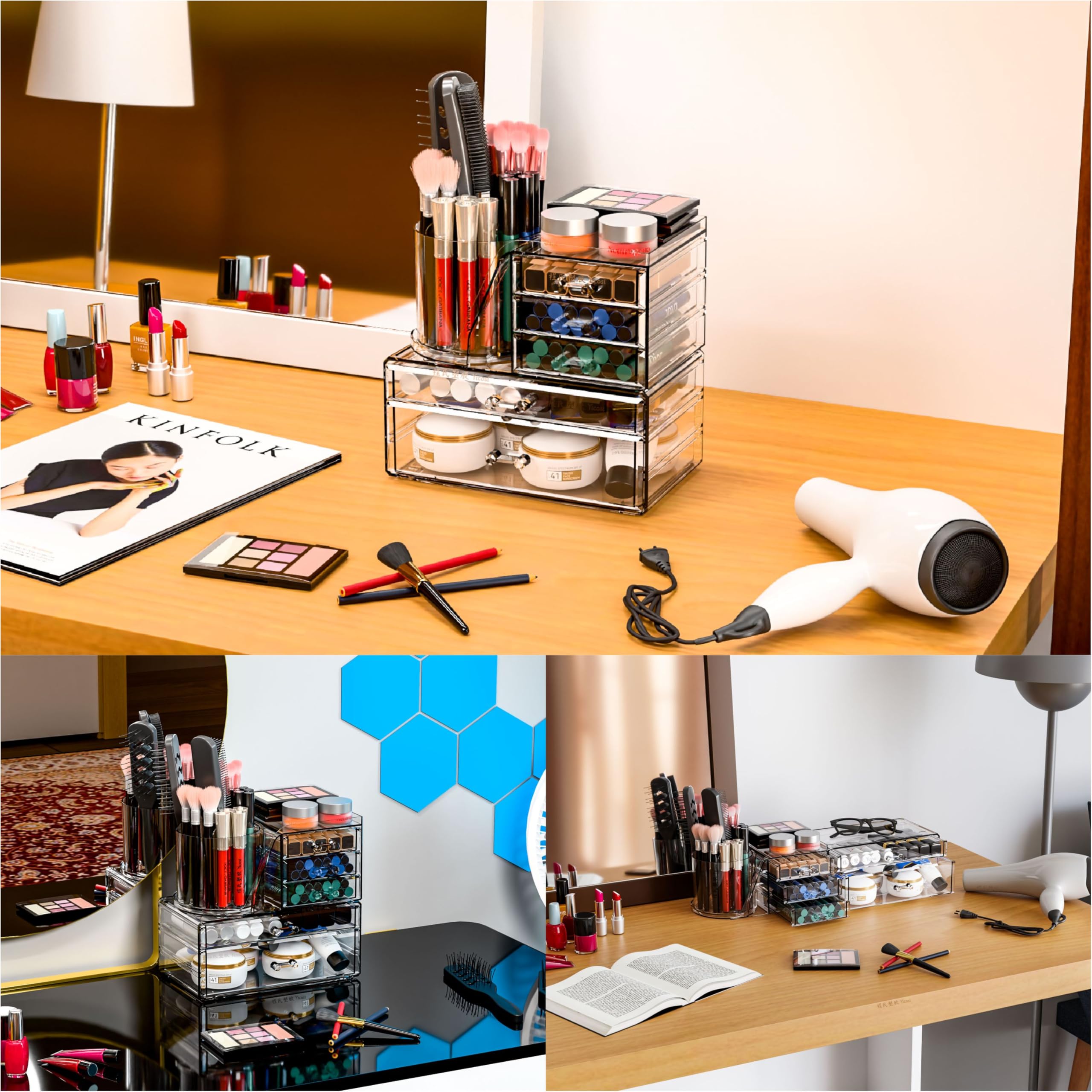 SuoXing on vanity with tools in use for organized morning routine benefit