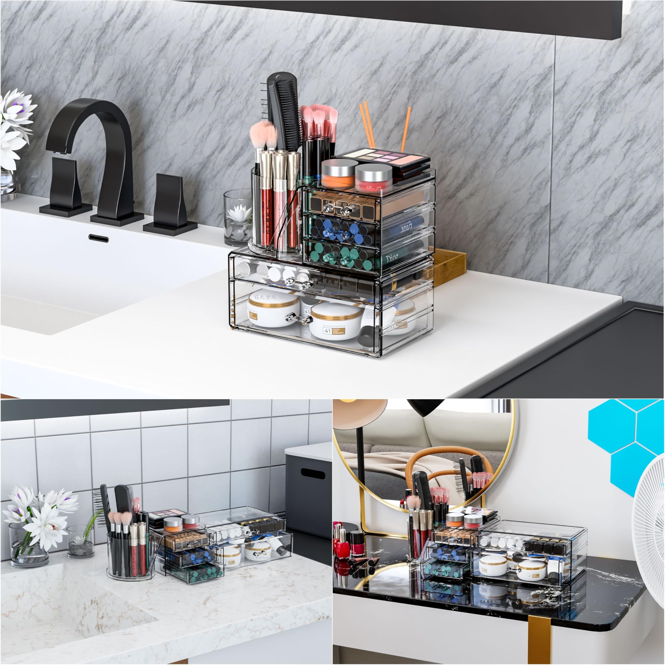 SuoXing with skincare bottles arranged to protect and display products