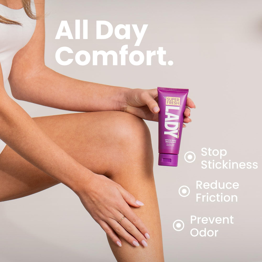 Super & Fresh Co. applying lotion to inner thigh to prevent chafing and odor