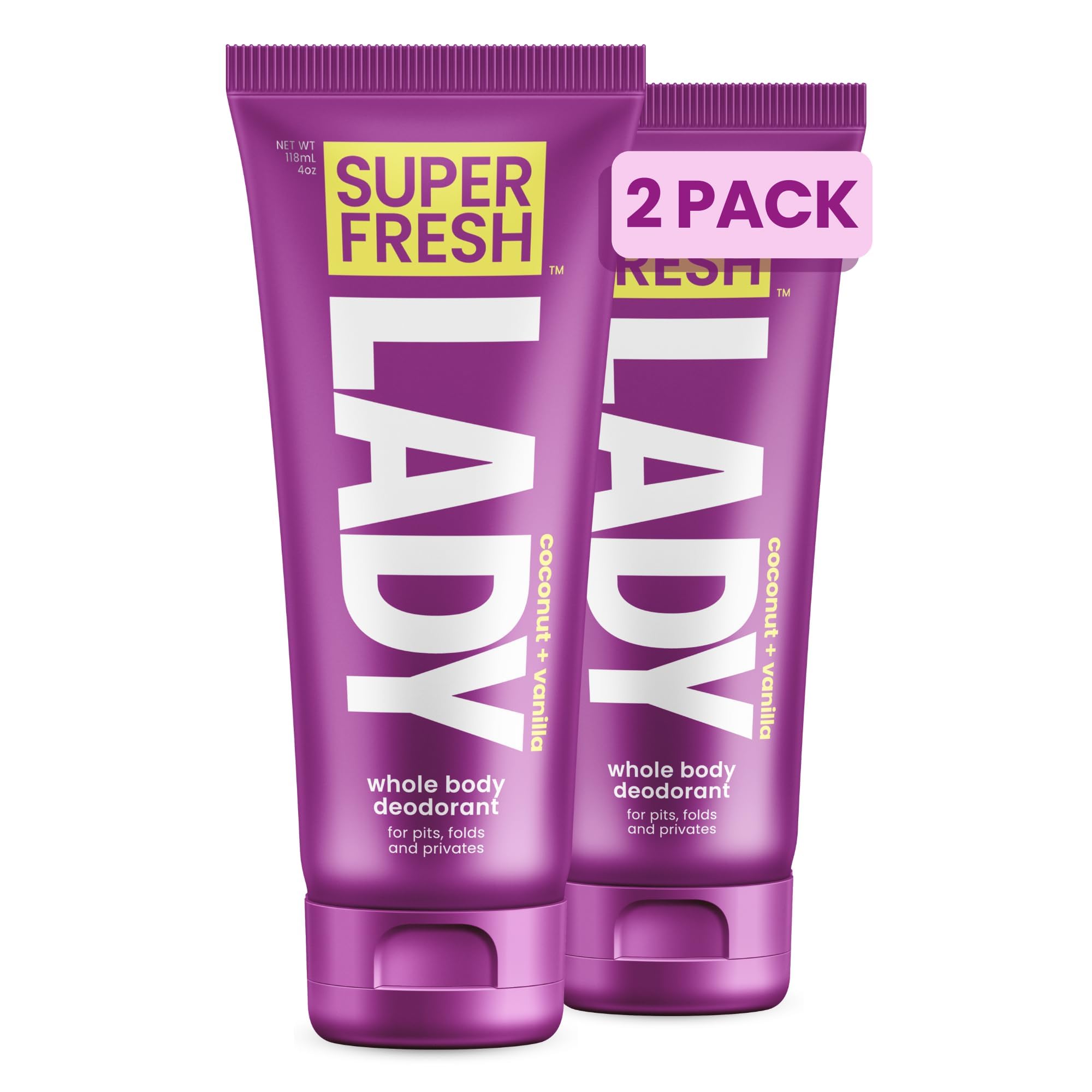 Super & Fresh Co. front packaging showing 4oz tube and coconut vanilla scent benefit