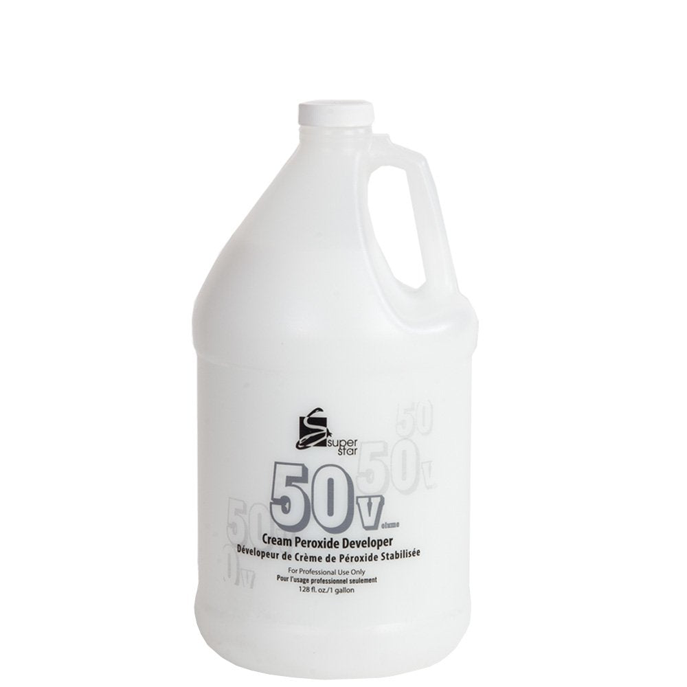 Super Star creme developer 50V jug front showing size and easy-pour benefit