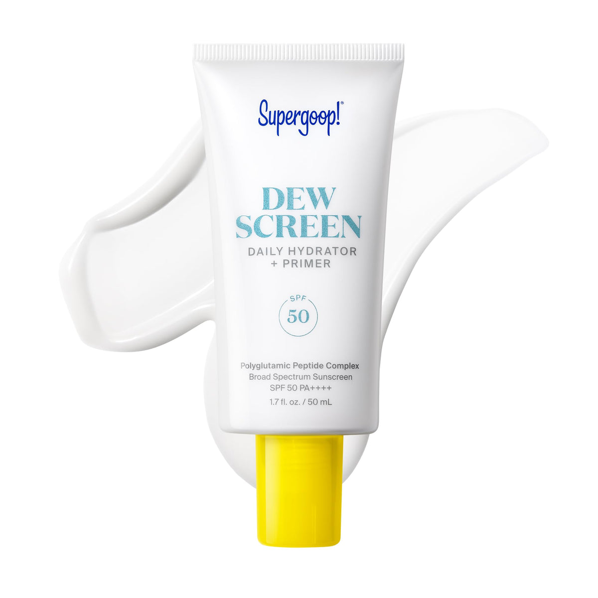 Supergoop! front packaging showing SPF 50 and hydrating finish benefit
