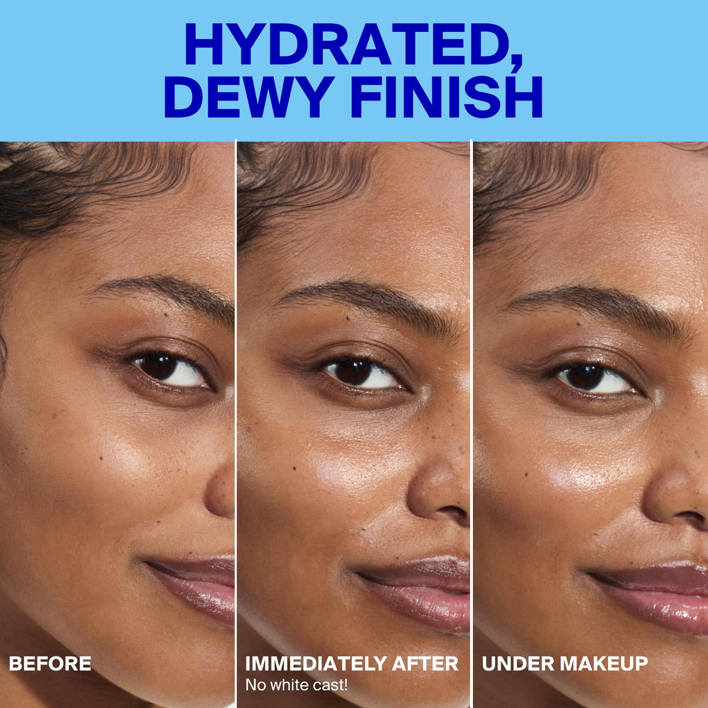 Supergoop! skin swatches comparing bare skin to product for visible dewy benefit