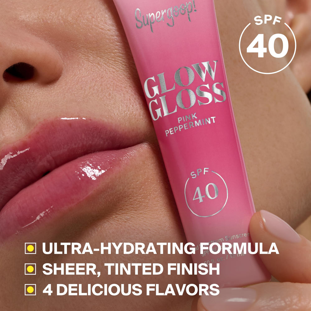 Supergoop! applied on lips displaying sheer pink sheen and glow