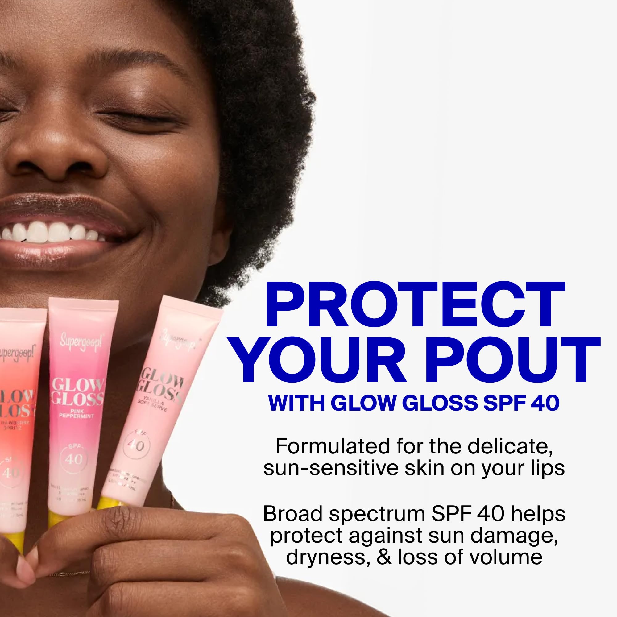Supergoop! layered over lipstick adding shine and SPF protection