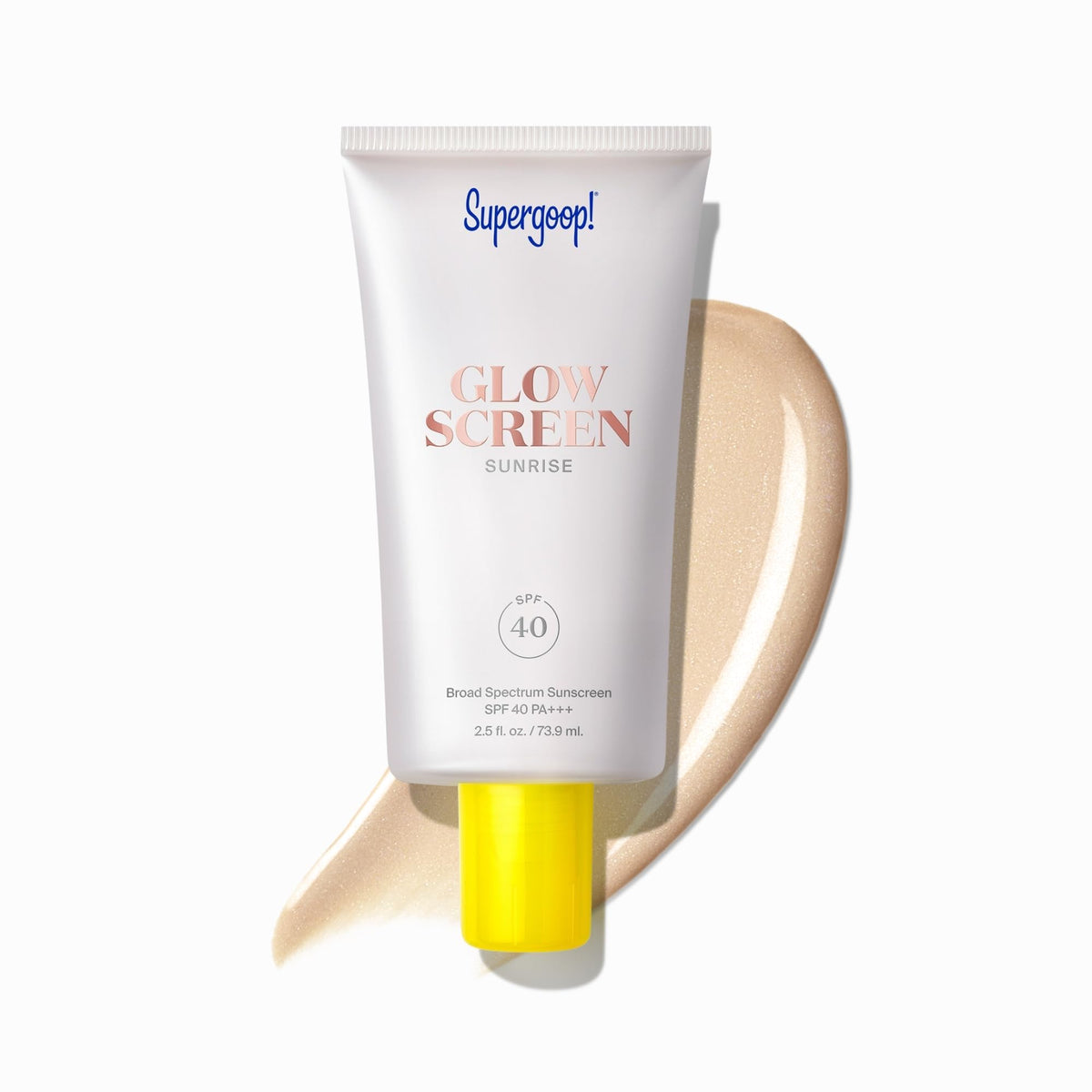 Supergoop! Glowscreen front view showing SPF 40 and packaging benefits