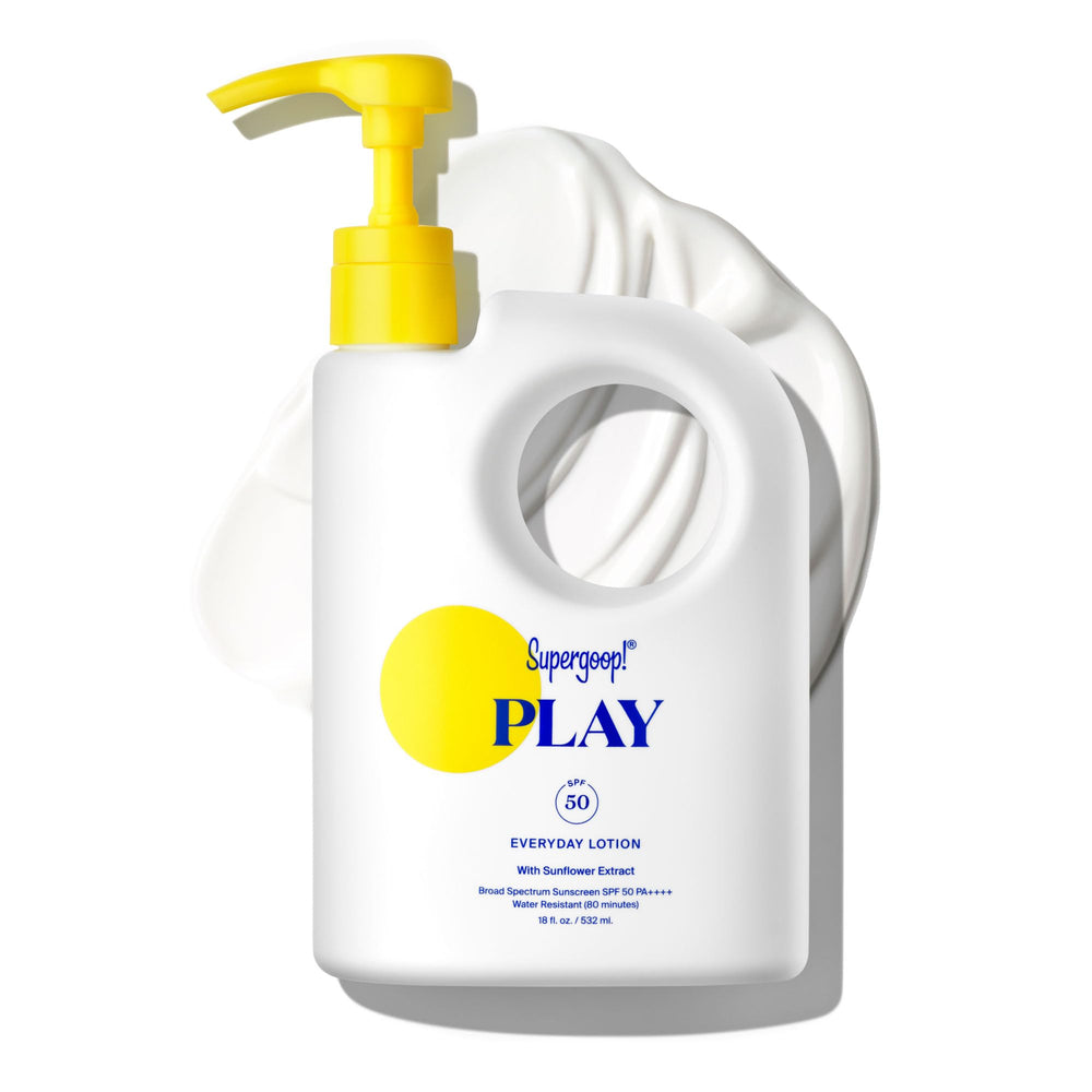 Supergoop! front pump bottle showcasing convenient large 18oz size and quick application
