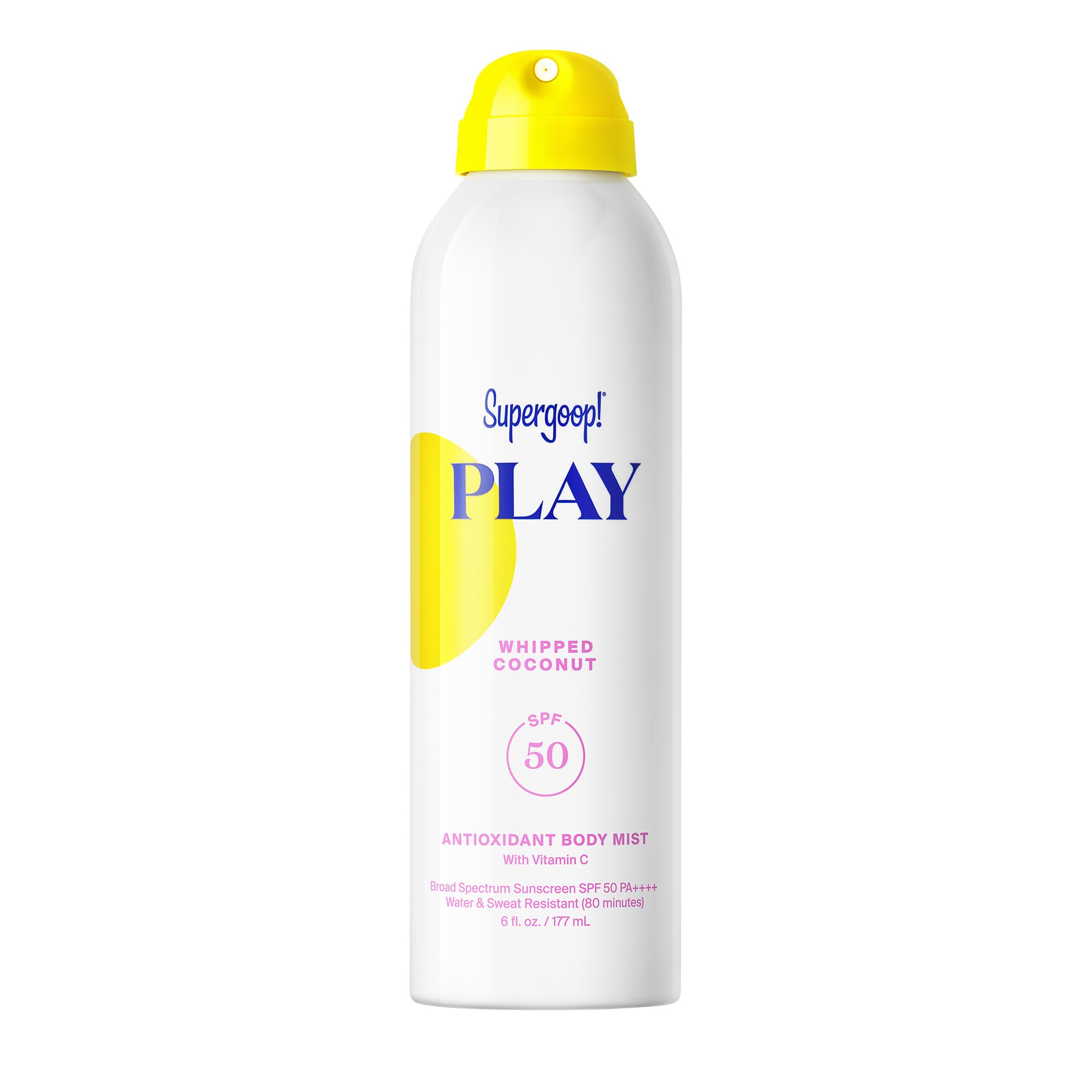Supergoop! front packaging showing SPF 50 protection and whipped coconut scent benefit