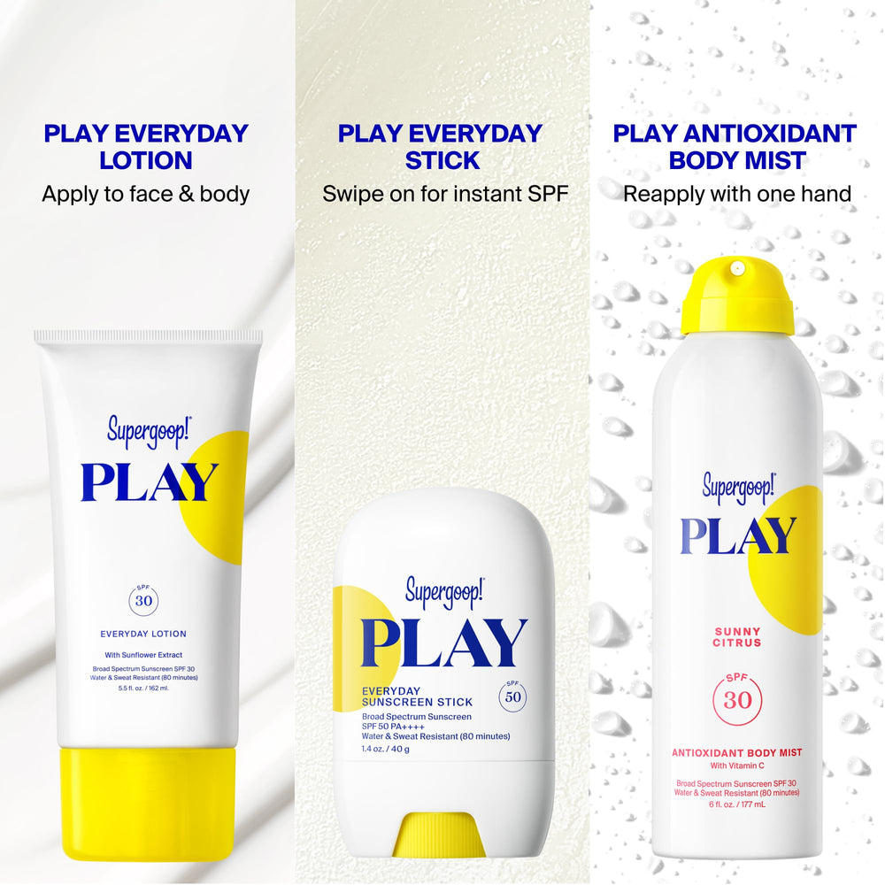 Supergoop! parent applying mist to child outdoors showing family-friendly protection