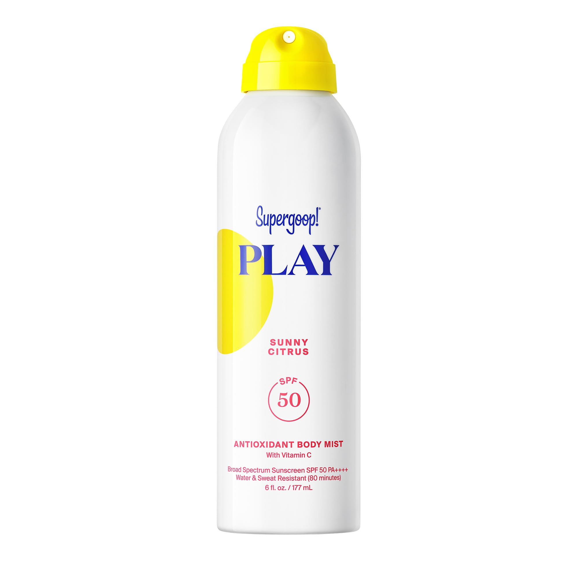 Supergoop! front packaging of PLAY Body Mist showing sunny citrus bottle and label benefit