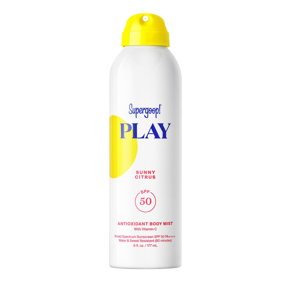 Supergoop! front packaging of PLAY Body Mist showing sunny citrus bottle and label benefit