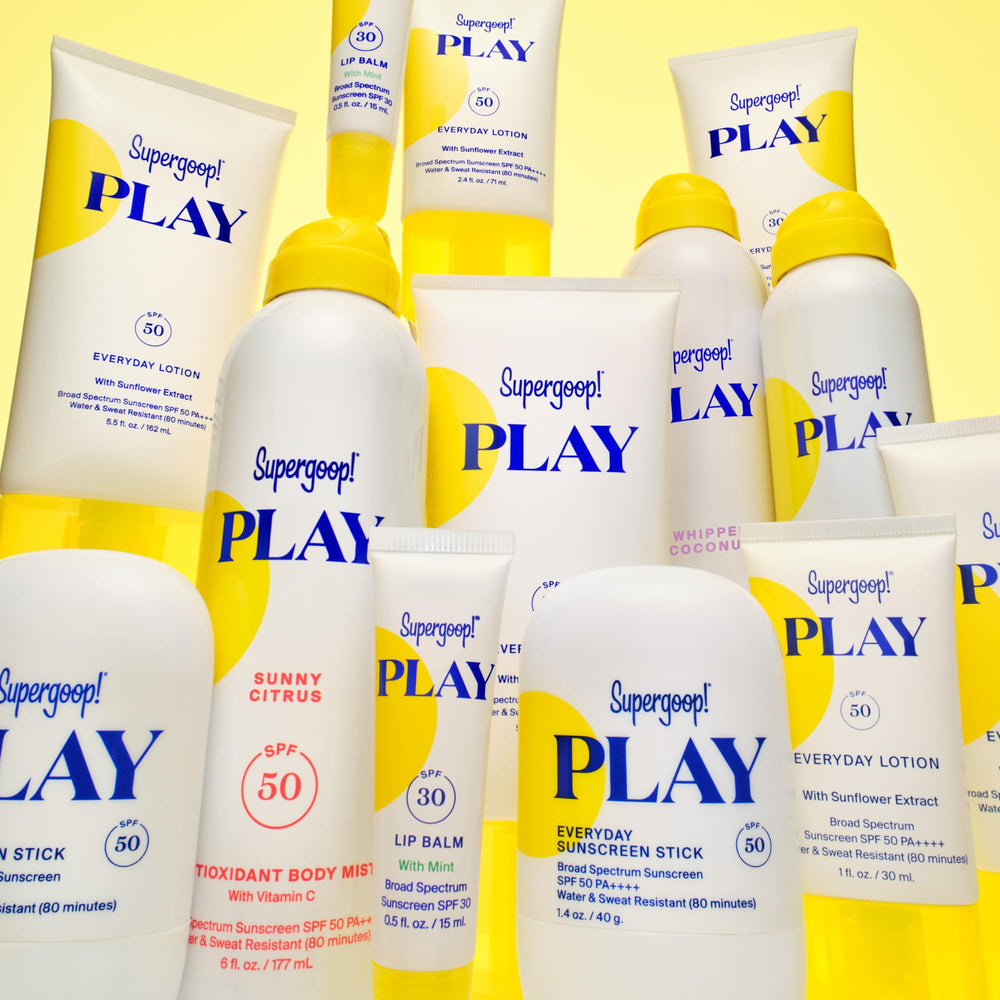 Supergoop! timer and water splash illustrating up to 80-minute water-resistant protection
