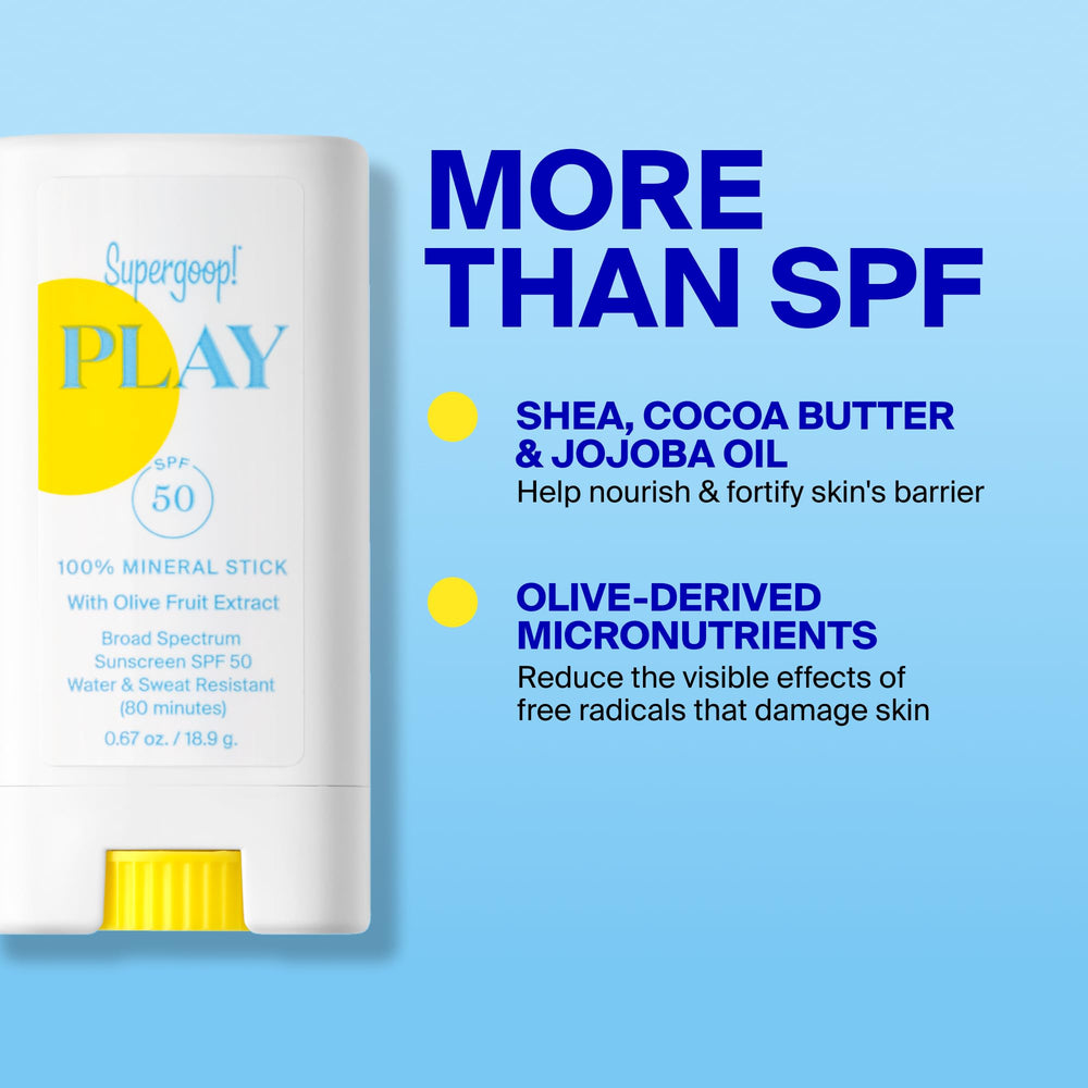 Close-up of Supergoop! PLAY stick texture showing smooth glide and non-greasy finish