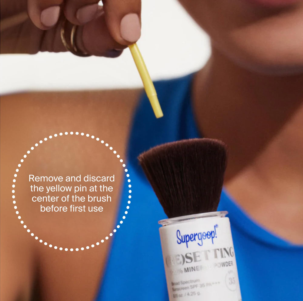 Supergoop! powder applied over foundation to set makeup and add SPF protection