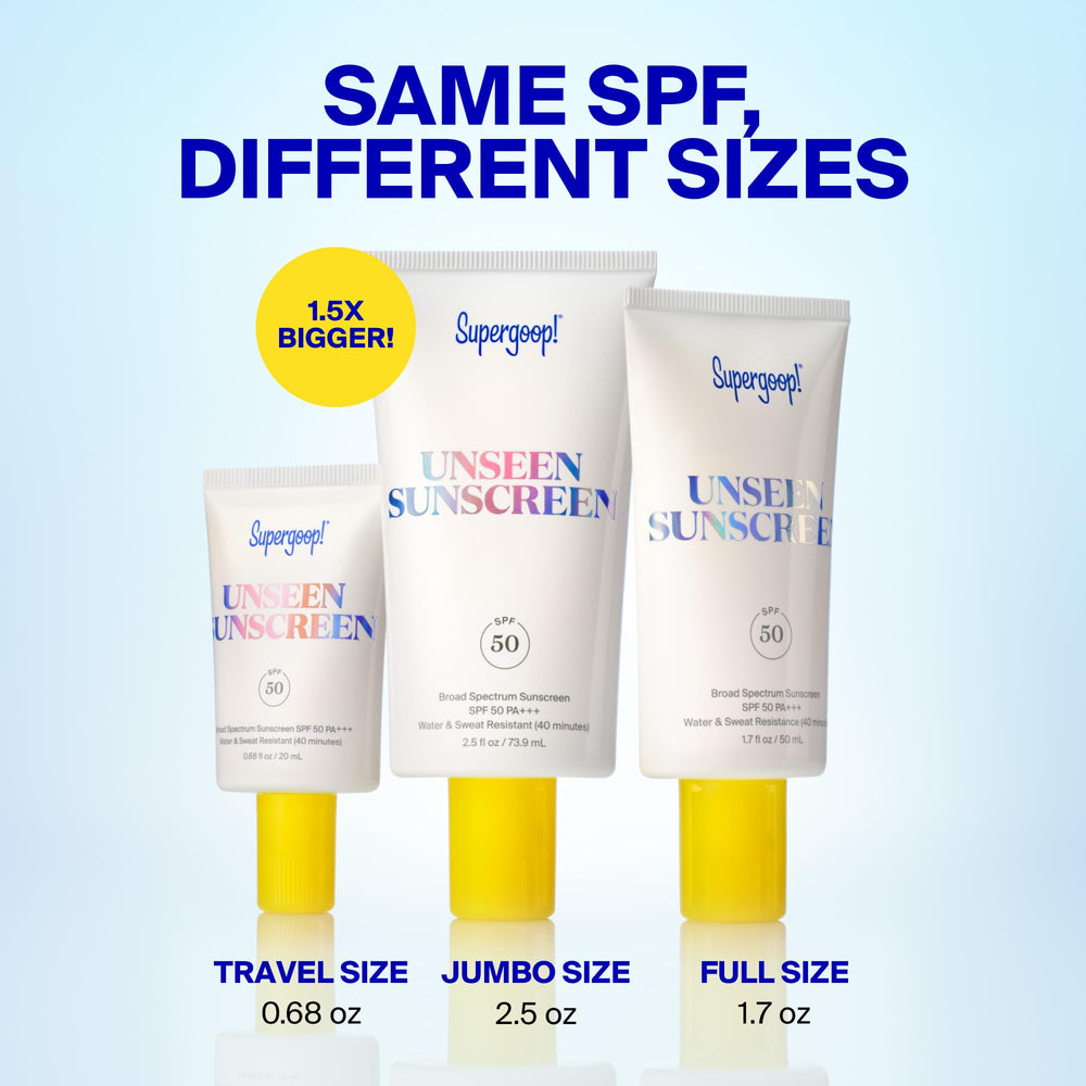 Supergoop! 1.7 oz tube next to common items for size comparison and convenience