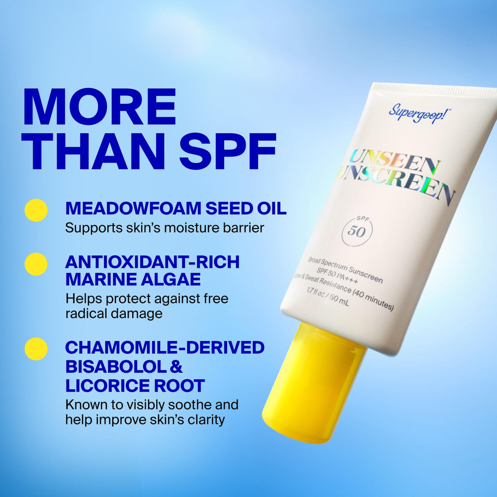 Split-skin example with Supergoop! showing visible pore blur and smoother skin