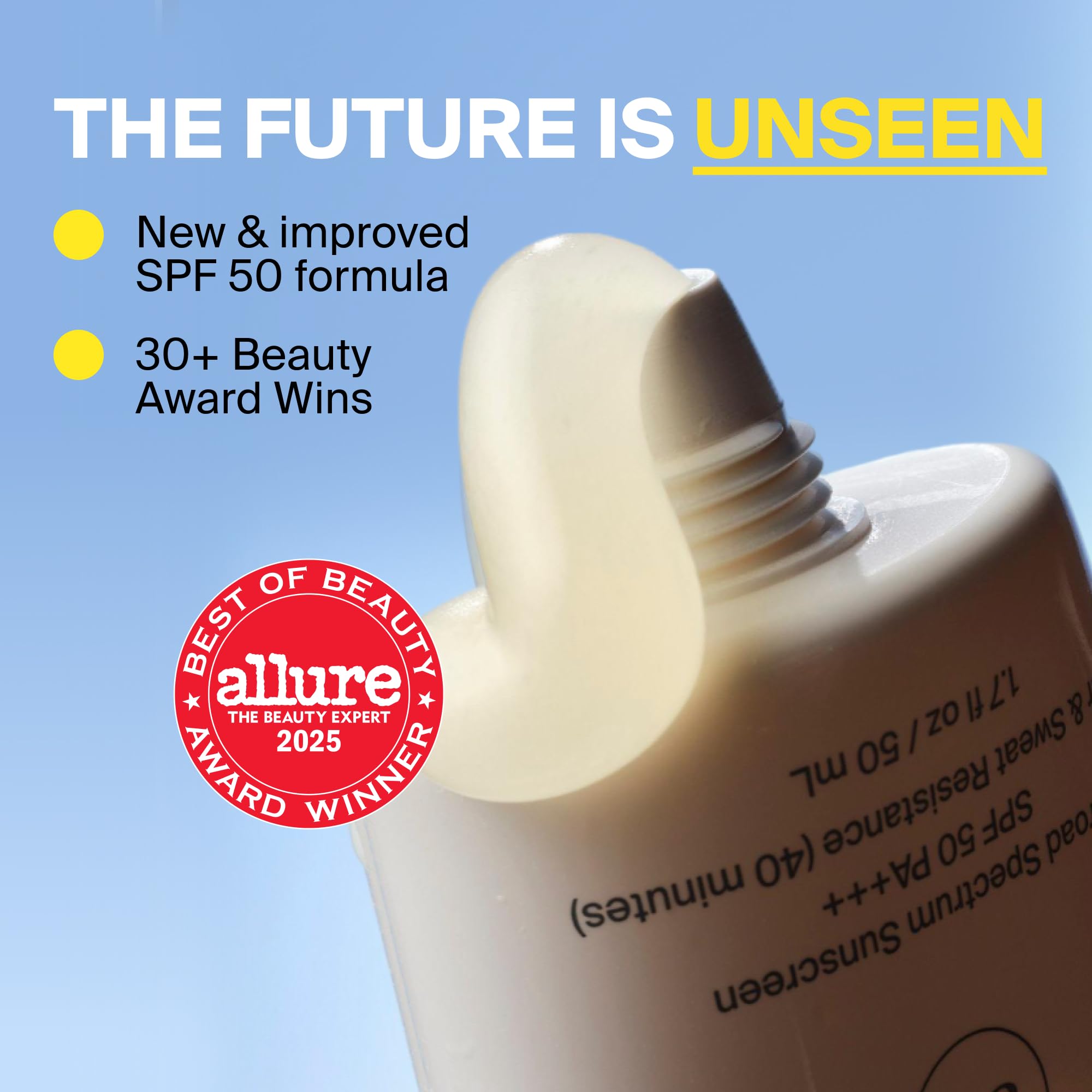 Open tube of Supergoop! Unseen showing easy dispensing and travel-friendly cap benefit